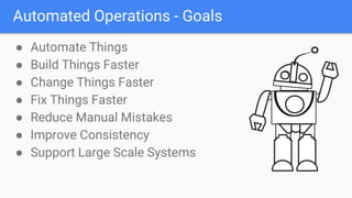 Automated Operations - Goals
● Automate Things
● Build Things Faster
● Change Things Faster
● Fix Things Faster
● Reduce Manual Mistakes
● Improve Consistency
● Support Large Scale Systems
 