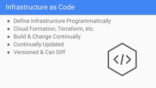Infrastructure as Code
● Define Infrastructure Programmatically
● Cloud Formation, Terraform, etc.
● Build & Change Continually
● Continually Updated
● Versioned & Can Diff
 
