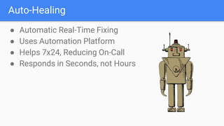 Auto-Healing
● Automatic Real-Time Fixing
● Uses Automation Platform
● Helps 7x24, Reducing On-Call
● Responds in Seconds, not Hours
 