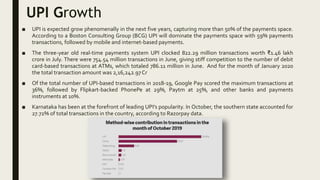 UPI Growth
■ UPI is expected grow phenomenally in the next five years, capturing more than 50% of the payments space.
According to a Boston Consulting Group (BCG) UPI will dominate the payments space with 59% payments
transactions, followed by mobile and internet-based payments.
■ The three-year old real-time payments system UPI clocked 822.29 million transactions worth ₹1.46 lakh
crore in July. There were 754.54 million transactions in June, giving stiff competition to the number of debit
card-based transactions at ATMs, which totaled 786.11 million in June. And for the month of January 2020
the total transaction amount was 2,16,242.97Cr
■ Of the total number of UPI-based transactions in 2018-19, Google Pay scored the maximum transactions at
36%, followed by Flipkart-backed PhonePe at 29%, Paytm at 25%, and other banks and payments
instruments at 10%.
■ Karnataka has been at the forefront of leading UPI’s popularity. In October, the southern state accounted for
27.72% of total transactions in the country, according to Razorpay data.
 