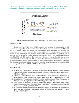 International Journal of Electrical Engineering and Technology (IJEET), ISSN 0976 –
6545(Print), ISSN 0976 – 6553(Online) Volume 4, Issue 4, July-August (2013), © IAEME
90
Fig 11: Performance analysis of ANFIS with NFC, FLC and NN-based controller
6. CONCLUSION
In this paper, an ANFIS based UPQC controller was proposed for compensating the PQ
problem. The proposed controller was implemented and the results were evaluated with NFC, NN
and FLC methods. Here, the voltage sag PQ problems were considered for analyzing the
performance of the ANFIS controller. The voltage sag issues were represented at different time
instants of the line voltage. The proposed controller has compensated the PQ problem that is
specified with the waveform. The PQ problem compensated by ANFIS with 0.03seconds compared
with NN, NFC and FLC methods. The performance deviations were evaluated in the proposed
controller with the NFC, NN and FLC techniques. The performance deviation of the proposed
technique achieves a positive rate in solving all the defined instants of occurrences of PQ issues.
The comparative results showed that the proposed controller can achieve a better performance of PQ
issues compared with the FLC, NFC and NN based controllers.
REFERENCES
[1] S.Deepa and S.Rajapandian, "Voltage Sag Mitigation Using Dynamic Voltage Restorer
System", International Journal of Computer and Electrical Engineering, Vol.2, No.5, pp.821-
825, October 2010
[2] Thomas E. Grebe, "Application of Distribution System Capacitor Banks and Their Impact on
Power Quality", IEEE Transaction on Industry Applications, Vol.32, No.3, pp.714-719, 1996
[3] S.Sadaiappan, P.Renuga and D.Kavitha, "Modeling and Simulation of Series Compensator to
Mitigate Power Quality Problems", Vol.2, No.12, pp.7385-7394, 2010
[4] M.A. Hannan, A. Mohamed, A. Hussain and Majid al Dabbay, "Development of the Unified
Series-Shunt Compensator for Power Quality Mitigation", American Journal of Applied
Sciences, Vol.6, No.5, pp.978-986, 2009
[5] R.Valarmathi and A.Chilambuchelvan, "Harmonic Analysis of Distributed PV System Under
High and Low Irradiance", International Journal of Engineering and Technology, Vol.2,
No.3, pp.190-193, 2010
 