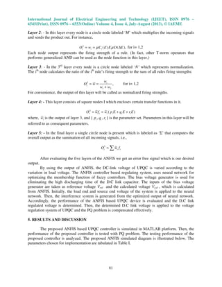 International Journal of Electrical Engineering and Technology (IJEET), ISSN 0976 –
6545(Print), ISSN 0976 – 6553(Online) Volume 4, Issue 4, July-August (2013), © IAEME
81
Layer 2: - In this layer every node is a circle node labeled ‘M’ which multiplies the incoming signals
and sends the product out. For instance,
2
( ) ( ),i i iO w C E E D Eµ µ= = ∆ for i= 1,2
Each node output represents the firing strength of a rule. (In fact, other T-norm operators that
performs generalized AND can be used as the node function in this layer.)
Layer 3: - In the 3rd
layer every node is a circle node labeled ‘N’ which represents normalization.
The ith
node calculates the ratio of the ith
rule’s firing strength to the sum of all rules firing strengths:
3
1 2
,i
i
w
O w
w w
= =
+
for i= 1,2
For convenience, the output of this layer will be called as normalized firing strengths.
Layer 4: - This layer consists of square nodes I which encloses certain transfer functions in it.
4
( )i i i i i iO wf w p E q E r E= = + +
where, iw is the output of layer 3, and { ip , iq , ir } is the parameter set. Parameters in this layer will be
referred to as consequent parameters.
Layer 5: - In the final layer a single circle node is present which is labeled as ‘Σ’ that computes the
overall output as the summation of all incoming signals, i.e.,
5
i i iO w f= ∑
After evaluating the five layers of the ANFIS we get an error free signal which is our desired
output.
By using the output of ANFIS, the DC-link voltage of UPQC is varied according to the
variation in load voltage. The ANFIS controller based regulating system, uses neural network for
optimizing the membership function of fuzzy controllers. The bias voltage generator is used for
eliminating the high discharging time of the D.C link capacitor. The inputs of the bias voltage
generator are taken as reference voltage Vref and the calculated voltage Vcal , which is calculated
from ANFIS. Initially, the load end and source end voltage of the system is applied to the neural
network. Then, the interference system is generated from the optimized output of neural network.
Accordingly, the performance of the ANFIS based UPQC device is evaluated and the D.C link
regulated voltage is determined. Then, the determined D.C link voltage is applied to the voltage
regulation system of UPQC and the PQ problem is compensated effectively.
5. RESULTS AND DISCUSSION
The proposed ANFIS based UPQC controller is simulated in MATLAB platform. Then, the
performance of the proposed controller is tested with PQ problem. The testing performance of the
proposed controller is analyzed. The proposed ANFIS simulated diagram is illustrated below. The
parameters chosen for implementation are tabulated in Table I.
 