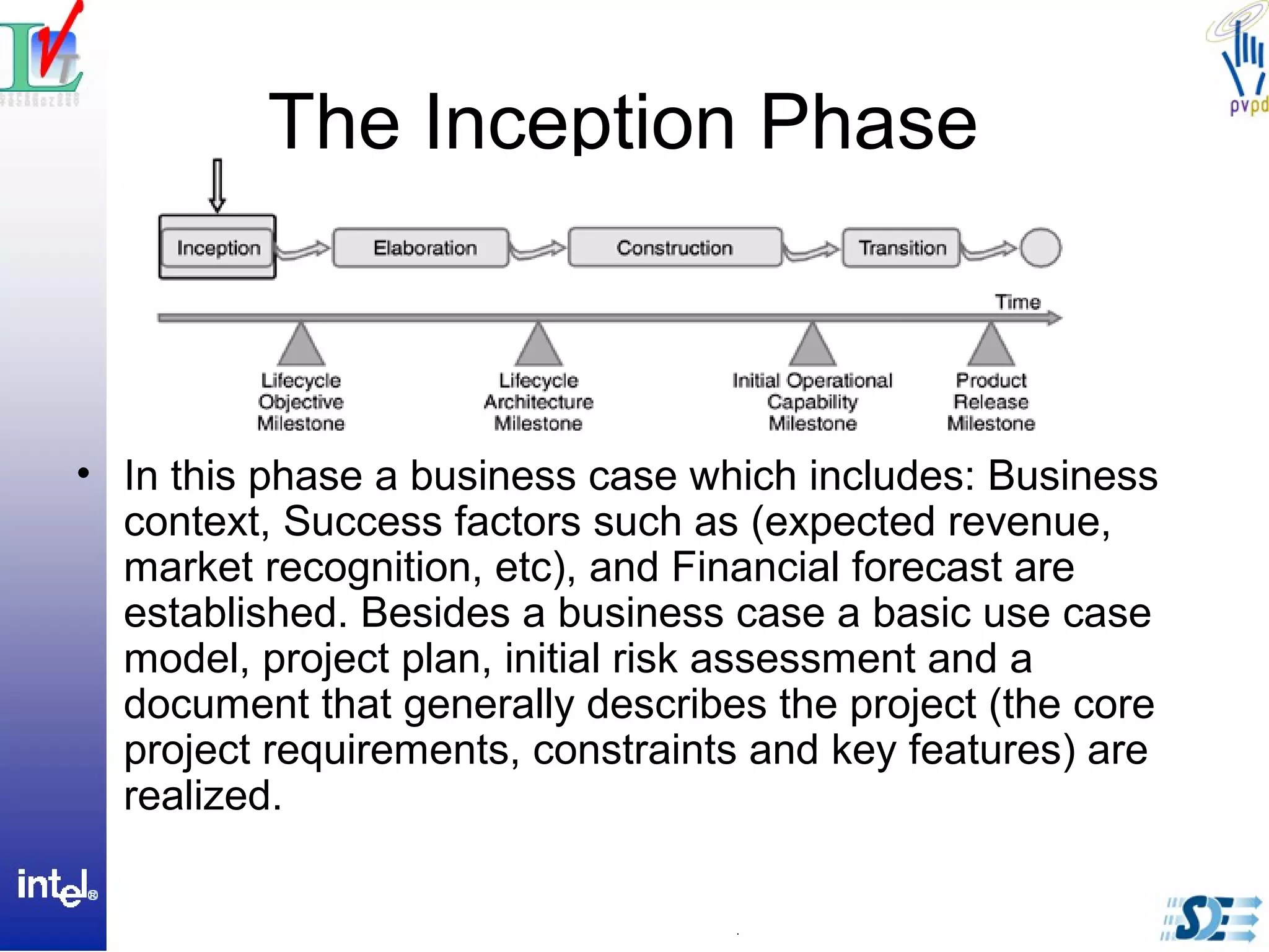 The Inception Phase
• In this phase a business case which includes: Business
context, Success factors such as (expected revenue,
market recognition, etc), and Financial forecast are
established. Besides a business case a basic use case
model, project plan, initial risk assessment and a
document that generally describes the project (the core
project requirements, constraints and key features) are
realized.
 