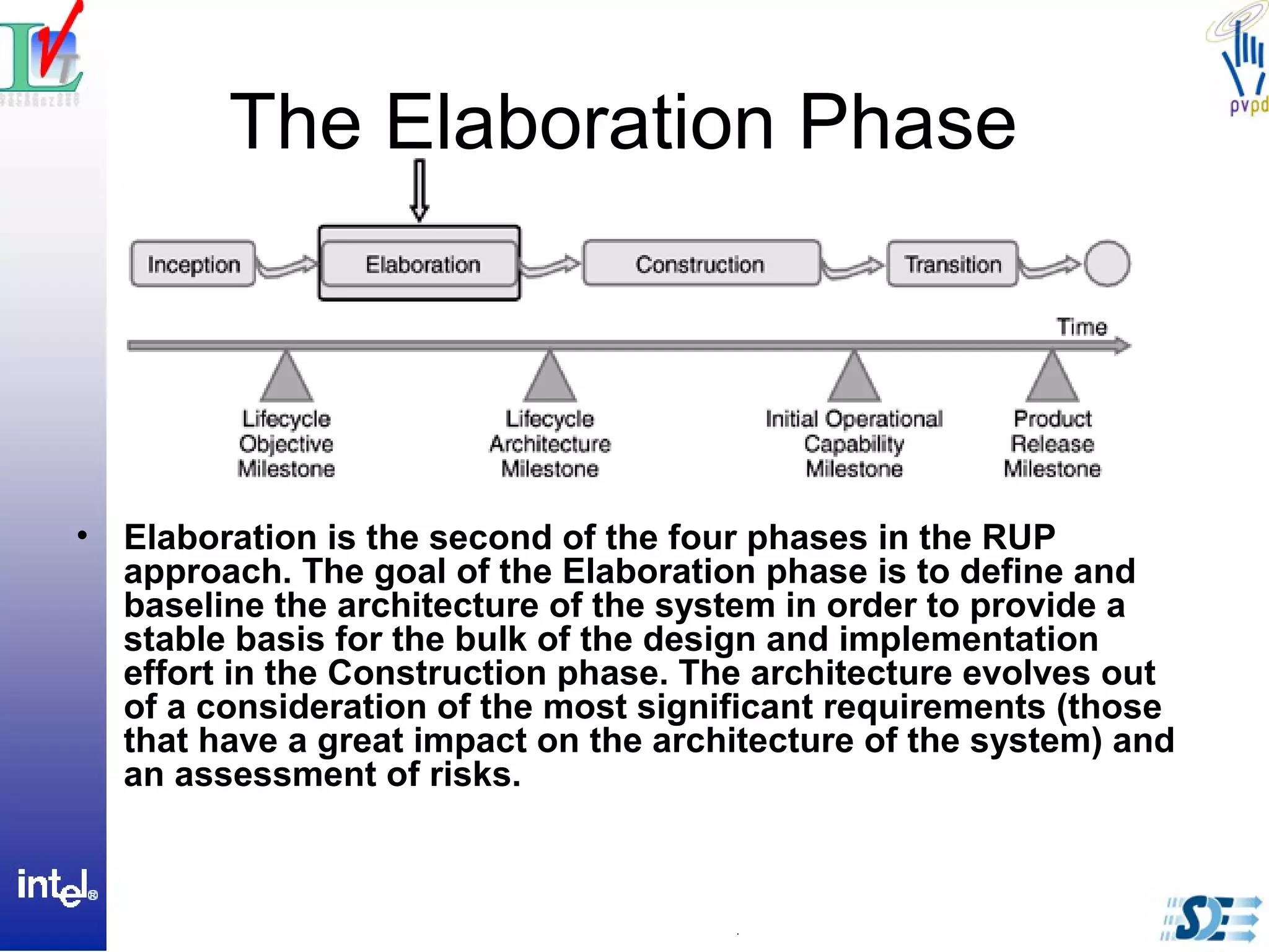 The Elaboration Phase
• Elaboration is the second of the four phases in the RUP
approach. The goal of the Elaboration phase is to define and
baseline the architecture of the system in order to provide a
stable basis for the bulk of the design and implementation
effort in the Construction phase. The architecture evolves out
of a consideration of the most significant requirements (those
that have a great impact on the architecture of the system) and
an assessment of risks.
 