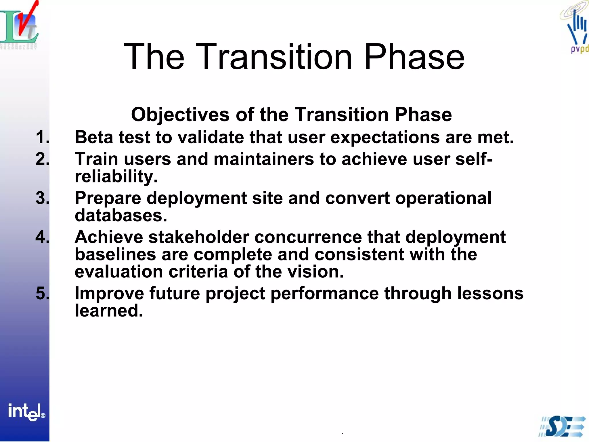 The Transition Phase
Objectives of the Transition Phase
1. Beta test to validate that user expectations are met.
2. Train users and maintainers to achieve user self-
reliability.
3. Prepare deployment site and convert operational
databases.
4. Achieve stakeholder concurrence that deployment
baselines are complete and consistent with the
evaluation criteria of the vision.
5. Improve future project performance through lessons
learned.
 