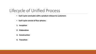 Lifecycle of Unified Process
• Each cycle concludes with a product release to customers
• Each cycle consist of four phases:
1. Inception
2. Elaboration
3. Construction
4. Transition
 