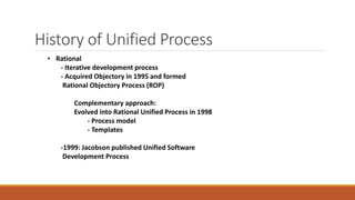 History of Unified Process
• Rational
- Iterative development process
- Acquired Objectory in 1995 and formed
Rational Objectory Process (ROP)
Complementary approach:
Evolved into Rational Unified Process in 1998
- Process model
- Templates
-1999: Jacobson published Unified Software
Development Process
 