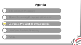 12
Agenda
Intro to Stream Processing
Stream Processing Ecosystem at LinkedIn
Use Case: Pre-Existing Online Service
Use Cas...