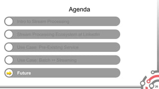 26
Agenda
Intro to Stream Processing
Stream Processing Ecosystem at LinkedIn
Use Case: Pre-Existing Service
Use Case: Batch  Streaming
Future
 