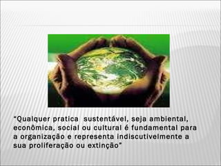 “ Qualquer pratica  sustentável, seja ambiental, econômica, social ou cultural é fundamental para a organização e representa indiscutivelmente a sua proliferação ou extinção” 