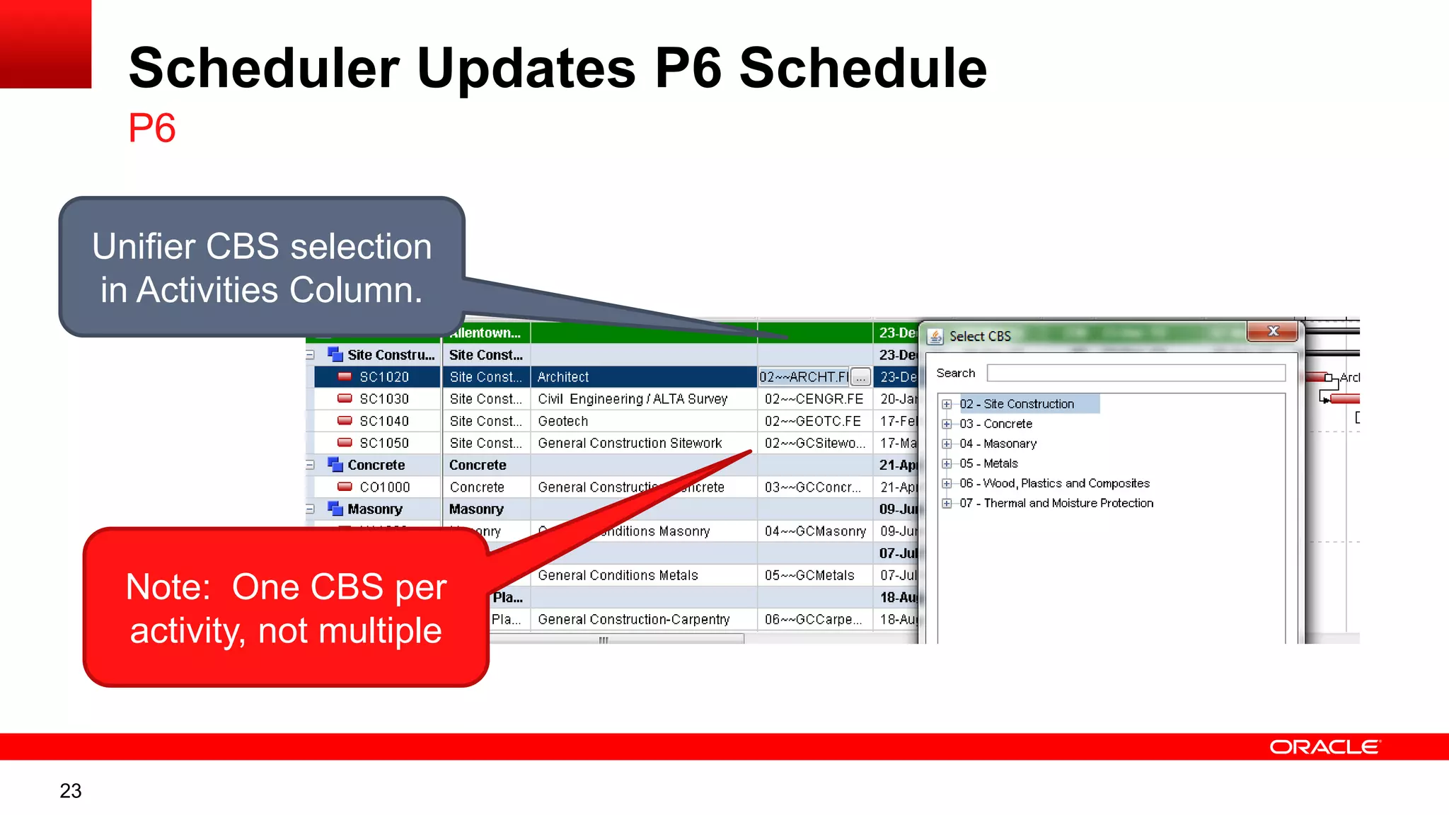 23
Scheduler Updates P6 Schedule
P6
Unifier CBS selection
in Activities Column.
Note: One CBS per
activity, not multiple
 