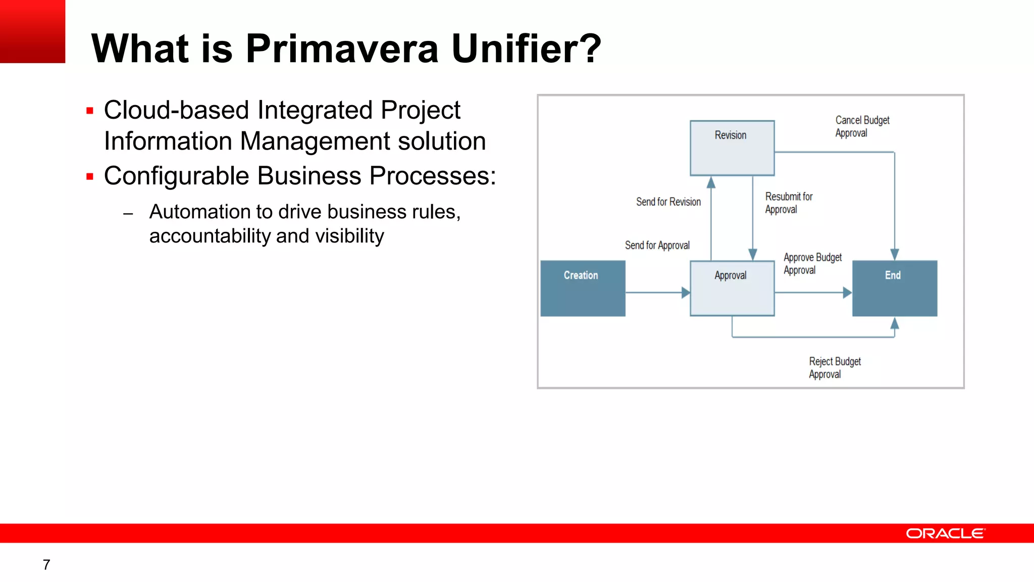 7
What is Primavera Unifier?
 Cloud-based Integrated Project
Information Management solution
 Configurable Business Processes:
– Automation to drive business rules,
accountability and visibility
 