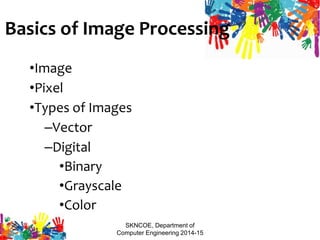 Basics of Image Processing
•Image
•Pixel
•Types of Images
–Vector
–Digital
•Binary
•Grayscale
•Color
SKNCOE, Department of
Computer Engineering 2014-15
 