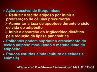  Ação possível de fitoquímicos
 Reduzir o tecido adiposo por inibir a
proliferação de células precursoras
 Aumentar a taxa de apoptose durante o ciclo
de vida do adipócito
 Inibir a absorção do triglicerídeo dietético
pela redução da lipase pancreática
 Polifenóis podem suprimir o crescimento do
tecido adiposo modulando o metabolismo do
adipócito
 Poucos estudos ainda (cultura de células e
animais)
Williams et al. Food Research International. 2013; 52: 323–33
 