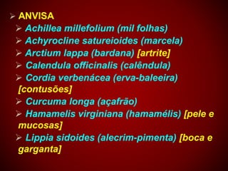  ANVISA
 Achillea millefolium (mil folhas)
 Achyrocline satureioides (marcela)
 Arctium lappa (bardana) [artrite]
 Calendula officinalis (calêndula)
 Cordia verbenácea (erva-baleeira)
[contusões]
 Curcuma longa (açafrão)
 Hamamelis virginiana (hamamélis) [pele e
mucosas]
 Lippia sidoides (alecrim-pimenta) [boca e
garganta]
 