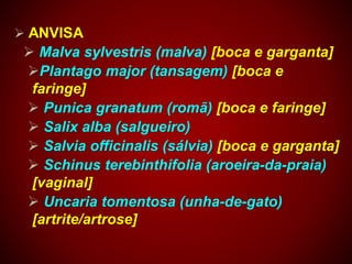  ANVISA
 Malva sylvestris (malva) [boca e garganta]
Plantago major (tansagem) [boca e
faringe]
 Punica granatum (romã) [boca e faringe]
 Salix alba (salgueiro)
 Salvia officinalis (sálvia) [boca e garganta]
 Schinus terebinthifolia (aroeira-da-praia)
[vaginal]
 Uncaria tomentosa (unha-de-gato)
[artrite/artrose]
 