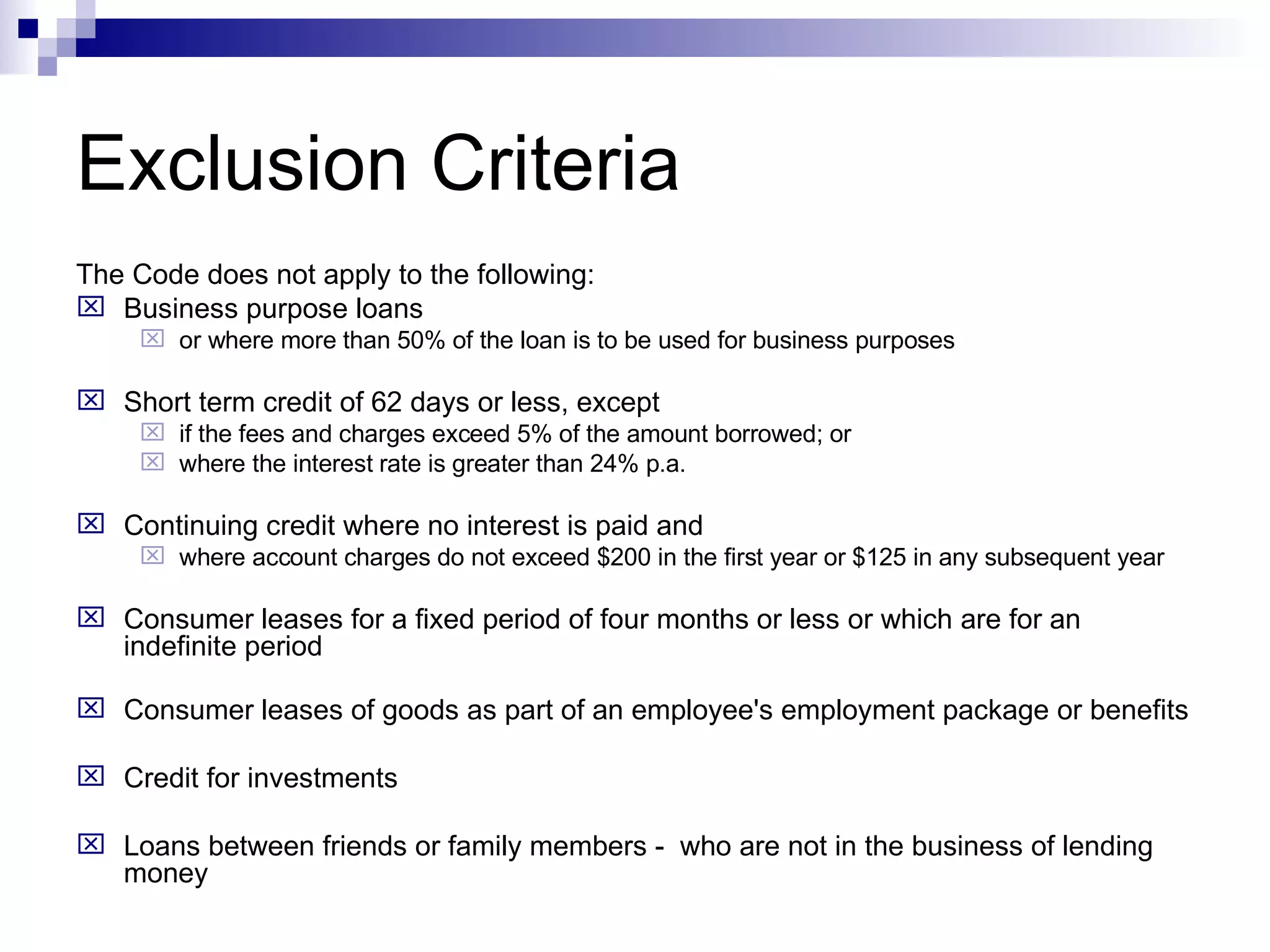 Uniform Consumer Credit Code Content | PPT