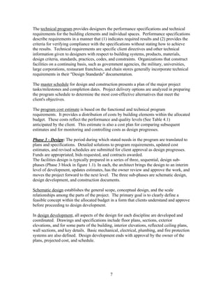 7
The technical program provides designers the performance specifications and technical
requirements for the building elements and individual spaces. Performance specifications
describe requirements in a manner that (1) indicates required results and (2) provides the
criteria for verifying compliance with the specifications without stating how to achieve
the results. Technical requirements are specific client directives and other technical
information given to designers with respect to building systems, products, materials,
design criteria, standards, practices, codes, and constraints. Organizations that construct
facilities on a continuing basis, such as government agencies, the military, universities,
large corporations, restaurant franchises, and chain stores generally incorporate technical
requirements in their "Design Standards" documentation.
The master schedule for design and construction presents a plan of the major project
tasks/milestones and completion dates. Project delivery options are analyzed in preparing
the program schedule to determine the most cost-effective alternatives that meet the
client's objectives.
The program cost estimate is based on the functional and technical program
requirements. It provides a distribution of costs by building elements within the allocated
budget. These costs reflect the performance and quality levels (See Table 4.1)
anticipated by the client. This estimate is also a cost plan for comparing subsequent
estimates and for monitoring and controlling costs as design progresses.
Phase 3 - Design: The period during which stated needs in the program are translated to
plans and specifications. Detailed solutions to program requirements, updated cost
estimates, and revised schedules are submitted for client approval as design progresses.
Funds are appropriated, bids requested, and contracts awarded.
The facilities design is typically prepared in a series of three, sequential, design sub-
phases (Phase 3 block in figure 1.1). In each, the architect brings the design to an interim
level of development, updates estimates, has the owner review and approve the work, and
moves the project forward to the next level. The three sub-phases are schematic design,
design development, and construction documents.
Schematic design establishes the general scope, conceptual design, and the scale
relationships among the parts of the project. The primary goal is to clearly define a
feasible concept within the allocated budget in a form that clients understand and approve
before proceeding to design development.
In design development, all aspects of the design for each discipline are developed and
coordinated. Drawings and specifications include floor plans, sections, exterior
elevations, and for some parts of the building, interior elevations, reflected ceiling plans,
wall sections, and key details. Basic mechanical, electrical, plumbing, and fire protection
systems are also defined. Design development ends with approval by the owner of the
plans, projected cost, and schedule.
 
