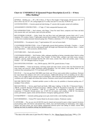 33
Chart 4.4 UNIFORMAT II Elemental Project Description (Level 2) — 8 Story
Office Building35
GENERAL: Building size — 60' x 100', 8 floors, 12' floor to floor height, 4' high parapet, full basement with 11'8"
floor to floor, bay size 25' x 30', ceiling heights are 9' in office area and 8' in core area, 43,560 SF site.
A10 FOUNDATIONS — Concrete spread and strip footings, 4" concrete slab on grade, normal soil conditions.
A20 BASEMENT CONSTRUCTION — 12' high, 12" thick waterproofed basement walls.
B10 SUPERSTRUCTURE — Steel columns, wide flange; 3 hour fire rated; floors, composite steel frame and deck
with concrete slab; roof, steel beams, open web joists and deck.
B20 EXTERIOR CLOSURE — Walls; North, East and West, brick and lightweight concrete block with 2" cavity
insulation, 25% window; South, 8" lightweight concrete block insulated, 10% window. Doors, aluminium and glass at
1st floor level, insulated automatic basement garage door. Windows, aluminium, 3'-0" x 5'-4" insulating glass.
B30 ROOFING — Tar and gravel, 4 ply, 2" rigid insulation, R15; one roof access hatch.
C10 INTERIOR CONSTRUCTION —Core, 6" lightweight concrete block partitions, full height. Corridors — 1st and
2nd floor, 3 5/8" steel studs with fire rated gypsum board, full height steel fabricated toilet partitions. Doors — hollow
metal; Specialities — toilet accessories, directory board.
C20 STAIRCASES — Steel with concrete fill.
C30 INTERIOR FINISHES — Wall Finishes: lobby, mahogany panelling on furring, remainder plaster finish to ceiling
height (partition and wall surfaces), paint. Floor Finishes: 1st floor lobby, corridors, and toilet rooms, terrazzo,
remainder, concrete; tenant developed 2nd thru 8th; toilet rooms, ceramic tiles; office and corridor, carpet. Ceiling
Finishes — 24" x 48" fibreglass board on Tee grid.
D10 CONVEYING SYSTEMS — two, 2500 lb capacity, 200 F.P.M., geared elevators, 9 stops.
D20 PLUMBING — Vanity top lavatories, wall hung urinals and water closets; service sinks. Gas fired domestic hot
water heater and reservoir; copper distribution piping throughout. Cast iron sanitary waste piping; drains in each
washroom floor and parking level. 4" CI roof drains and PVC piping.
D30 HVAC — Cast iron gas-fired 1088 MBH water boiler and 150 ton water-cooled chiller in penthouse. Perimeter
hot water finned tube radiation with wall to wall enclosures. 52800 CFM built-up VAV air handling unit for office
floors. VAV air supply and low pressure return air distribution. 5500 CFM direct gas-fired parking garage air handling
ventilation unit with air supply and exhaust duct systems. Pneumatic control system with central control.
D40 FIRE PROTECTION — Standard sprinkler system in office area; dry sprinklers in basement parking area; 4"
standpipe, 9 hose cabinets.
D60 ELECTRICAL — Service, panel board and feeder, 2000 amps. Lighting, 1st thru 8th, 15 fluorescent fixtures /
1000 SF, 3 watts/SF. Basement 10 fluorescent fixtures / 1000 SF, 2 Watts/ SF. Receptacles 1st thru 8th, 16.5 / 1000 SF,
2 Watts/SF. Basement, 10 receptacles / 1000 SF, 1.2 Watts/SF. Air conditioning, 4 Watts/SF; miscellaneous
connections 1.2 Watts/SF; Elevator power, two, 10 HP 230 volt motors; wall switches, 2/1000 SF. Fire detection
system, pull stations, signals, smoke and heat detectors. Emergency lighting generator, 30 kW.
E10 EQUIPMENT — Automatic parking garage access gate, dock leveller, waste handling compactor.
E20 FURNISHINGS — Vertical PVC interior blinds for all exterior windows. Washroom vanities.
G SITEWORK — The one acre site (43,560 SF) must be cleared and excavated in part to obtain required elevations;
paved parking stalls with barriers and painted lines; shrubs, trees and hydroseeding for landscaping; water supply,
sanitary and storm sewers; gas service piping; underground electrical power and cabling in conduit, exterior HPS
lighting, duct bank for telephone cabling; lawn sprinkler system.
35
The data in this table came in part from R.S. Means Co., Inc., Means Square Foot Costs, 1999, p. 224.
 