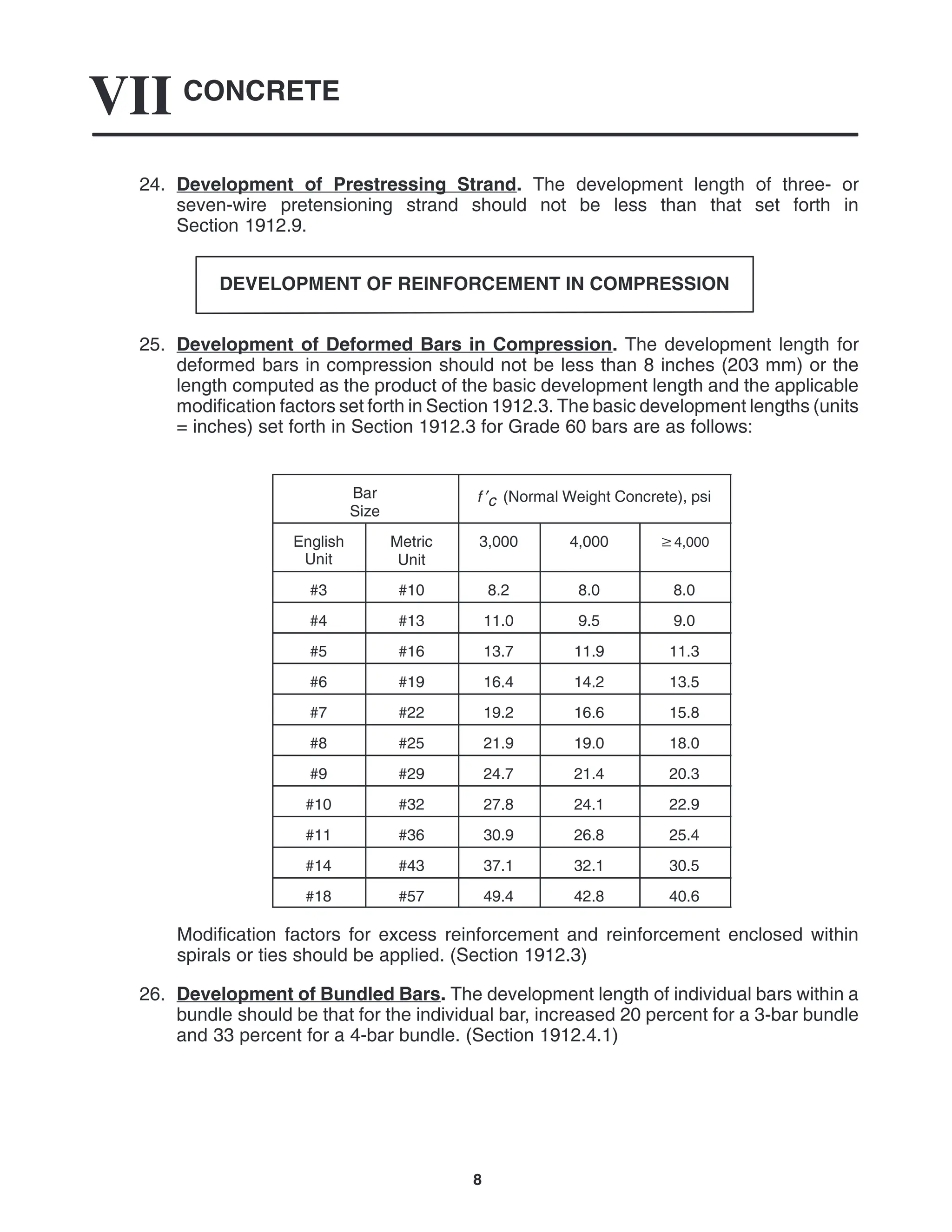CONCRETE
VII
8
24. Development of Prestressing Strand. The development length of three- or
seven-wire pretensioning strand should not be less than that set forth in
Section 1912.9.
DEVELOPMENT OF REINFORCEMENT IN COMPRESSION
25. Development of Deformed Bars in Compression. The development length for
deformed bars in compression should not be less than 8 inches (203 mm) or the
length computed as the product of the basic development length and the applicable
modification factors set forth in Section 1912.3. The basic development lengths (units
= inches) set forth in Section 1912.3 for Grade 60 bars are as follows:
Bar
Size
f ′c (Normal Weight Concrete), psi
English
Unit
Metric
Unit
3,000 4,000 4,000
#3 #10 8.2 8.0 8.0
#4 #13 11.0 9.5 9.0
#5 #16 13.7 11.9 11.3
#6 #19 16.4 14.2 13.5
#7 #22 19.2 16.6 15.8
#8 #25 21.9 19.0 18.0
#9 #29 24.7 21.4 20.3
#10 #32 27.8 24.1 22.9
#11 #36 30.9 26.8 25.4
#14 #43 37.1 32.1 30.5
#18 #57 49.4 42.8 40.6
Modification factors for excess reinforcement and reinforcement enclosed within
spirals or ties should be applied. (Section 1912.3)
26. Development of Bundled Bars. The development length of individual bars within a
bundle should be that for the individual bar, increased 20 percent for a 3-bar bundle
and 33 percent for a 4-bar bundle. (Section 1912.4.1)
 