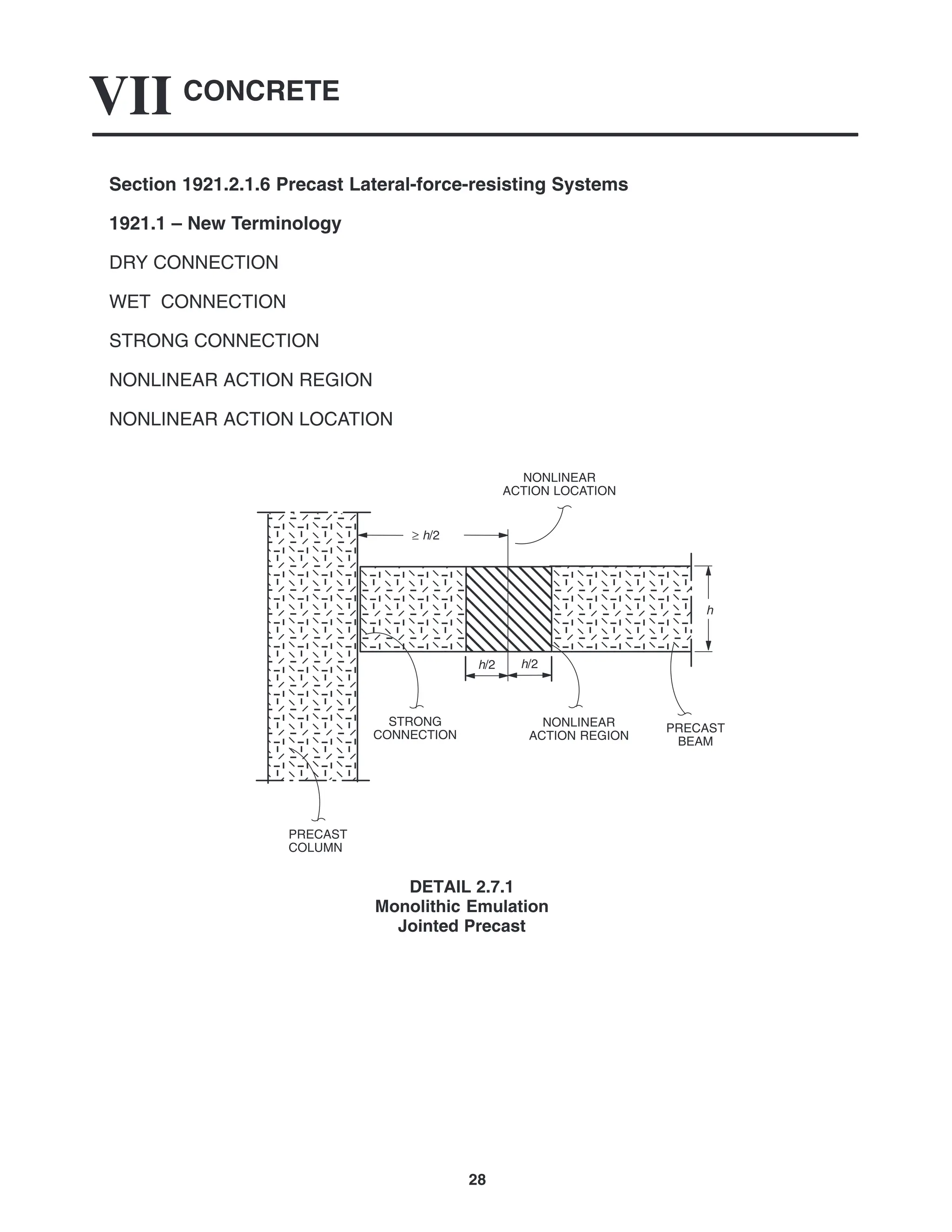 CONCRETE
VII
28
Section 1921.2.1.6 Precast Lateral-force-resisting Systems
1921.1 – New Terminology
DRY CONNECTION
WET CONNECTION
STRONG CONNECTION
NONLINEAR ACTION REGION
NONLINEAR ACTION LOCATION
PRECAST
BEAM
NONLINEAR
ACTION LOCATION
STRONG
CONNECTION
PRECAST
COLUMN
≥ h/2
h/2 h/2
NONLINEAR
ACTION REGION
h
DETAIL 2.7.1
Monolithic Emulation
Jointed Precast
 
