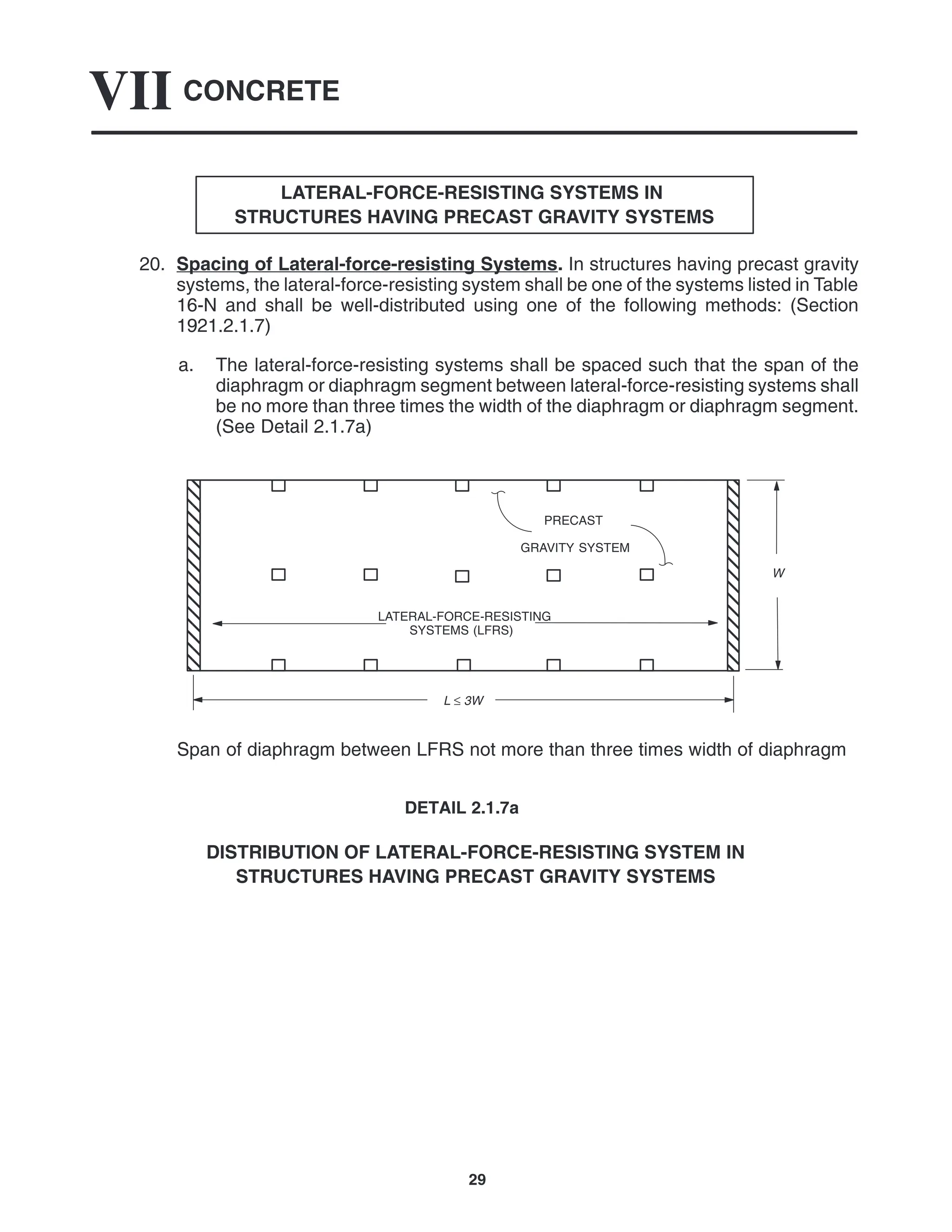 CONCRETE
VII
29
LATERAL-FORCE-RESISTING SYSTEMS IN
STRUCTURES HAVING PRECAST GRAVITY SYSTEMS
20. Spacing of Lateral-force-resisting Systems. In structures having precast gravity
systems, the lateral-force-resisting system shall be one of the systems listed in Table
16-N and shall be well-distributed using one of the following methods: (Section
1921.2.1.7)
a. The lateral-force-resisting systems shall be spaced such that the span of the
diaphragm or diaphragm segment between lateral-force-resisting systems shall
be no more than three times the width of the diaphragm or diaphragm segment.
(See Detail 2.1.7a)
L ≤ 3W
PRECAST
GRAVITY SYSTEM
LATERAL-FORCE-RESISTING
SYSTEMS (LFRS)
W
Span of diaphragm between LFRS not more than three times width of diaphragm
DETAIL 2.1.7a
DISTRIBUTION OF LATERAL-FORCE-RESISTING SYSTEM IN
STRUCTURES HAVING PRECAST GRAVITY SYSTEMS
 