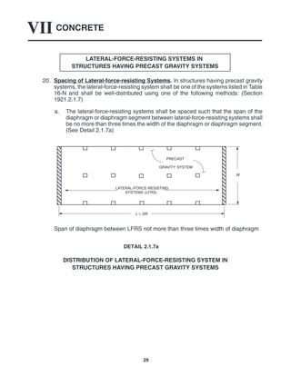 CONCRETE
VII
29
LATERAL-FORCE-RESISTING SYSTEMS IN
STRUCTURES HAVING PRECAST GRAVITY SYSTEMS
20. Spacing of Lateral-force-resisting Systems. In structures having precast gravity
systems, the lateral-force-resisting system shall be one of the systems listed in Table
16-N and shall be well-distributed using one of the following methods: (Section
1921.2.1.7)
a. The lateral-force-resisting systems shall be spaced such that the span of the
diaphragm or diaphragm segment between lateral-force-resisting systems shall
be no more than three times the width of the diaphragm or diaphragm segment.
(See Detail 2.1.7a)
L ≤ 3W
PRECAST
GRAVITY SYSTEM
LATERAL-FORCE-RESISTING
SYSTEMS (LFRS)
W
Span of diaphragm between LFRS not more than three times width of diaphragm
DETAIL 2.1.7a
DISTRIBUTION OF LATERAL-FORCE-RESISTING SYSTEM IN
STRUCTURES HAVING PRECAST GRAVITY SYSTEMS
 