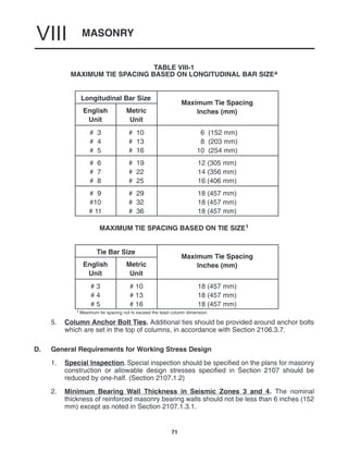 MASONRY
VIII
71
TABLE VIII-1
MAXIMUM TIE SPACING BASED ON LONGITUDINAL BAR SIZEa
Longitudinal Bar Size
Maxim m Tie Spacing
English
Unit
Metric
Unit
Maximum Tie Spacing
Inches (mm)
# 3
# 4
# 5
# 10
# 13
# 16
6 (152 mm)
8 (203 mm)
10 (254 mm)
# 6
# 7
# 8
# 19
# 22
# 25
12 (305 mm)
14 (356 mm)
16 (406 mm)
# 9
#10
# 11
# 29
# 32
# 36
18 (457 mm)
18 (457 mm)
18 (457 mm)
MAXIMUM TIE SPACING BASED ON TIE SIZE1
Tie Bar Size
Maxim m Tie Spacing
English
Unit
Metric
Unit
Maximum Tie Spacing
Inches (mm)
# 3
# 4
# 5
# 10
# 13
# 16
18 (457 mm)
18 (457 mm)
18 (457 mm)
1 Maximum tie spacing not to exceed the least column dimension.
5. Column Anchor Bolt Ties. Additional ties should be provided around anchor bolts
which are set in the top of columns, in accordance with Section 2106.3.7.
D. General Requirements for Working Stress Design
1. Special Inspection. Special inspection should be specified on the plans for masonry
construction or allowable design stresses specified in Section 2107 should be
reduced by one-half. (Section 2107.1.2)
2. Minimum Bearing Wall Thickness in Seismic Zones 3 and 4. The nominal
thickness of reinforced masonry bearing walls should not be less than 6 inches (152
mm) except as noted in Section 2107.1.3.1.
 
