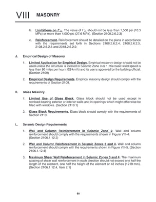 MASONRY
VIII
80
b. Limitations on f ′m. The value of f ′m should not be less than 1,500 psi (10.3
MPa) or more than 4,000 psi (27.6 MPa). (Section 2108.2.6.2.3)
c. Reinforcement. Reinforcement should be detailed on the plans in accordance
with the requirements set forth in Sections 2108.2.6.2.4, 2108.2.6.2.5,
2108.2.6.2.6 and 2018.2.6.2.9.
J. Empirical Design of Masonry
1. Limited Application for Empirical Design. Empirical masonry design should not be
used unless the structure is located in Seismic Zone 0 or 1, the basic wind speed is
less than 80 miles per hour (129 km/h) and its use is approved by the building official.
(Section 2109)
2. Empirical Design Requirements. Empirical masonry design should comply with the
requirements of Section 2109.
K. Glass Masonry
1. Limited Use of Glass Block. Glass block should not be used except in
nonload-bearing exterior or interior walls and in openings which might otherwise be
filled with windows. (Section 2110.1)
2. Glass Block Requirements. Glass block should comply with the requirements of
Section 2110.
L. Seismic Design Requirements
1. Wall and Column Reinforcement in Seismic Zone 2. Wall and column
reinforcement should comply with the requirements shown in Figure VIII-4.
(Section 2106.1.12.3)
2. Wall and Column Reinforcement in Seismic Zones 3 and 4. Wall and column
reinforcement should comply with the requirements shown in Figure VIII-5. (Section
2106.1.12.4)
3. Maximum Shear Wall Reinforcement in Seismic Zones 3 and 4. The maximum
spacing of shear wall reinforcement in each direction should not exceed one half the
length of the element, one half the height of the element or 48 inches (1219 mm).
(Section 2106.1.12.4, Item 2.1)
 