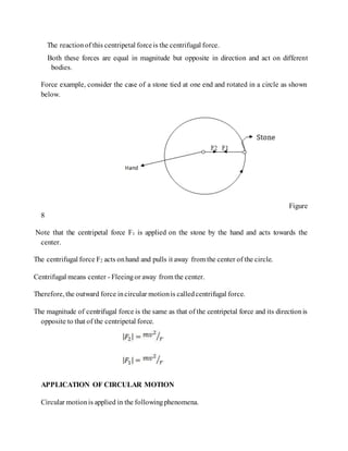 The reactionof this centripetal forceis the centrifugal force.
Both these forces are equal in magnitude but opposite in direction and act on different
bodies.
Force example, consider the case of a stone tied at one end and rotated in a circle as shown
below.
Figure
8
Note that the centripetal force F1 is applied on the stone by the hand and acts towards the
center.
The centrifugal force F2 acts onhand and pulls it away from the center of the circle.
Centrifugal means center - Fleeingor away from the center.
Therefore, the outward force incircular motionis calledcentrifugal force.
The magnitude of centrifugal force is the same as that of the centripetal force and its directionis
opposite to that of the centripetal force.
APPLICATION OF CIRCULAR MOTION
Circular motionis applied in the followingphenomena.
 