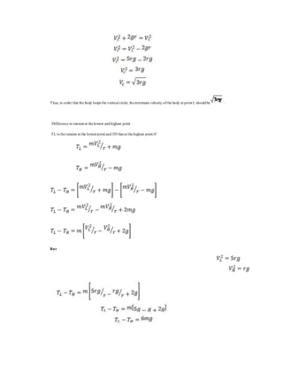 Thus, in order that the body loops the vertical circle, theminimum velocity ofthe body at point L shouldbe .
Difference in tensionat thelowest andhighest point
TL is the tension at the lowest point and TH that at the highest point H
But
 