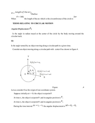 When the length of the arc which is the circumference of the circle is
TERMS RELATING TO CIRCULAR MOTION
Angular Displacement ( )
Is the angle in radian traced at the center of the circle by the body moving around the
circular track.
Or
Is the angle turned by an object moving along a circular path in a given time.
Consider an object moving along a circular path with center O as shown in figure 4.
Figure .4
Let us consider O as the originof our coordinate system.
Suppose initiallyat t = O, the object is at point P.
At time t1, the object is at point P1 and its angular positionis 1
At time t2, the object is at point P2 and its angular position is 2
During the time interval the angular displacement is
 