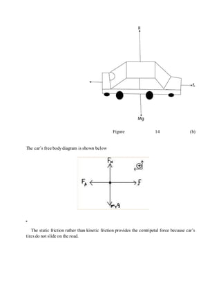 Figure 14 (b)
The car’s free bodydiagram is shown below
The static friction rather than kinetic friction provides the centripetal force because car’s
tires do not slide on the road.
 