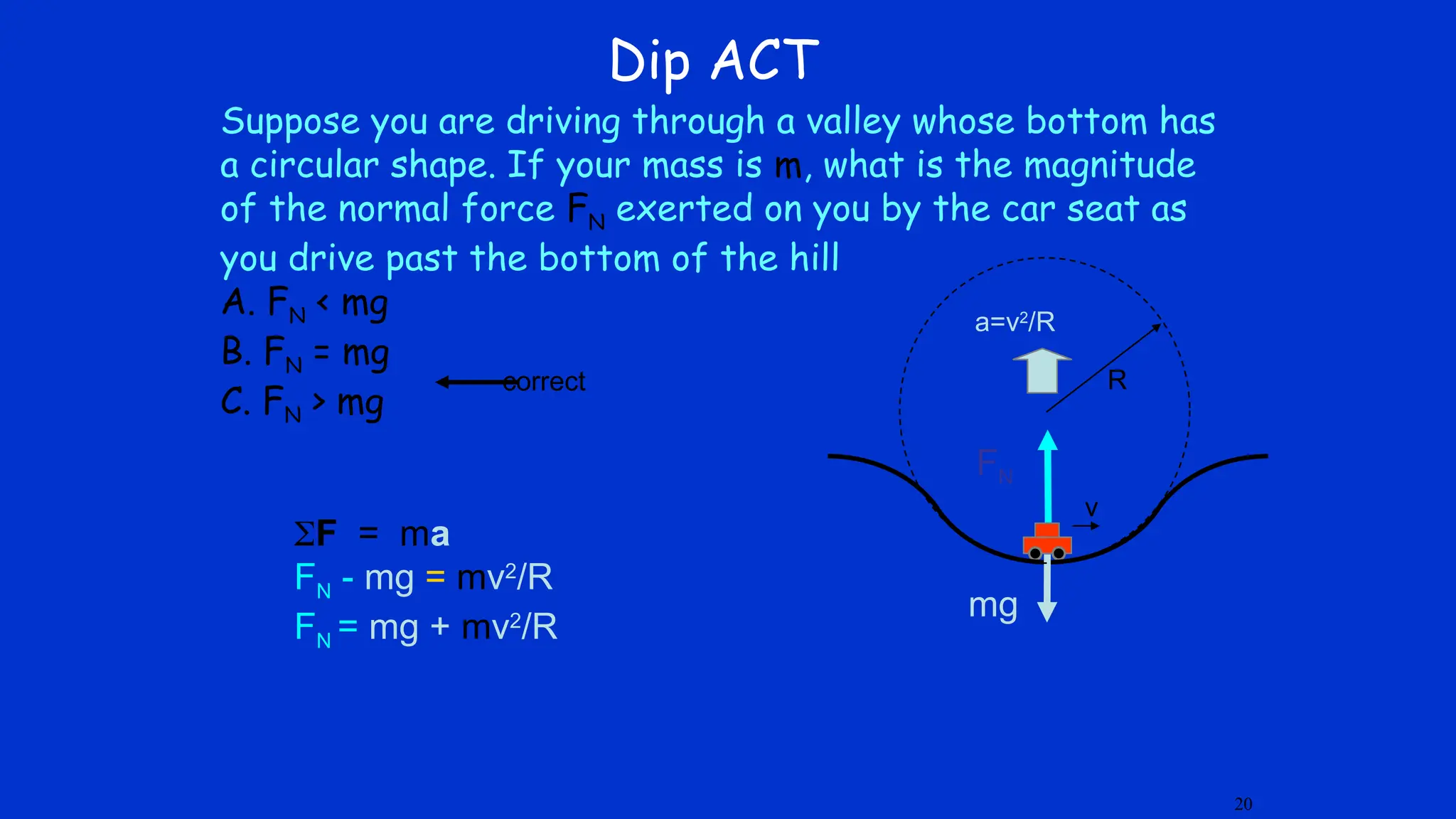 Dip ACT
Suppose you are driving through a valley whose bottom has
a circular shape. If your mass is m, what is the magnitude
of the normal force FN exerted on you by the car seat as
you drive past the bottom of the hill
A. FN < mg
B. FN = mg
C. FN > mg
v
mg
FN
R
F = ma
FN - mg = mv2
/R
FN = mg + mv2
/R
a=v2
/R
correct
20
 