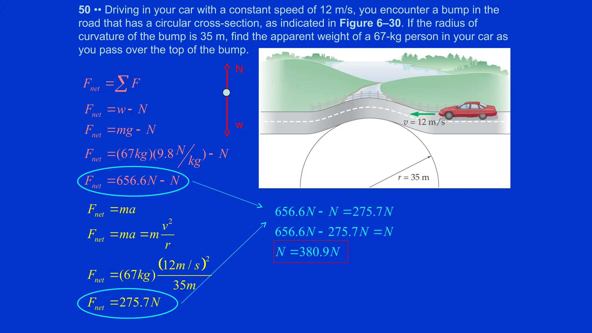 50 •• Driving in your car with a constant speed of 12 m/s, you encounter a bump in the
road that has a circular cross-section, as indicated in Figure 6–30. If the radius of
curvature of the bump is 35 m, find the apparent weight of a 67-kg person in your car as
you pass over the top of the bump.
w
N
(67 )(9.8 )
656.6
net
net
net
net
F w N
F mg N
N
F kg N
kg
F N N
 
 
 
 
 
2
2
12 /
(67 )
35
275.7
net
net
net
v
F ma m
r
m s
F kg
m
F N
 


net
F F

 
net
F ma
 656.6 275.7
656.6 275.7
380.9
N N N
N N N
N N
 
 

 