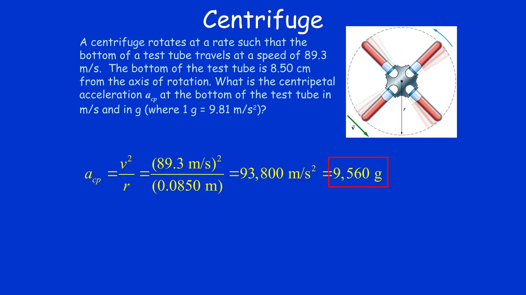 Centrifuge
A centrifuge rotates at a rate such that the
bottom of a test tube travels at a speed of 89.3
m/s. The bottom of the test tube is 8.50 cm
from the axis of rotation. What is the centripetal
acceleration acp at the bottom of the test tube in
m/s and in g (where 1 g = 9.81 m/s2
)?
2 2
2
(89.3 m/s)
93,800 m/s 9,560 g
(0.0850 m)
cp
v
a
r
   
 
