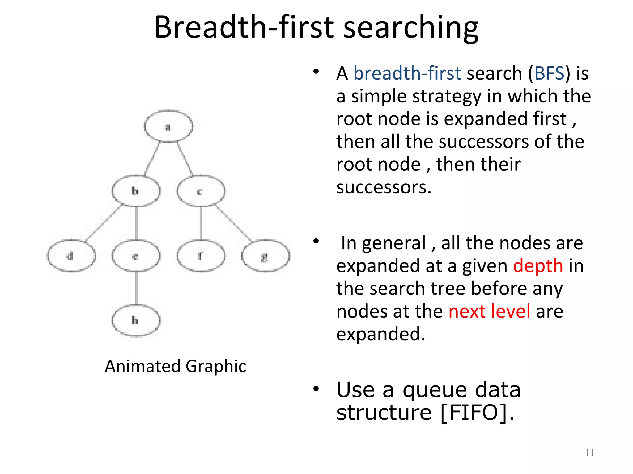 Breadth-first searching
• A breadth-first search (BFS) is
a simple strategy in which the
root node is expanded first ,
then all the successors of the
root node , then their
successors.
•

Animated Graphic

In general , all the nodes are
expanded at a given depth in
the search tree before any
nodes at the next level are
expanded.

• Use a queue data
structure [FIFO].
11

 
