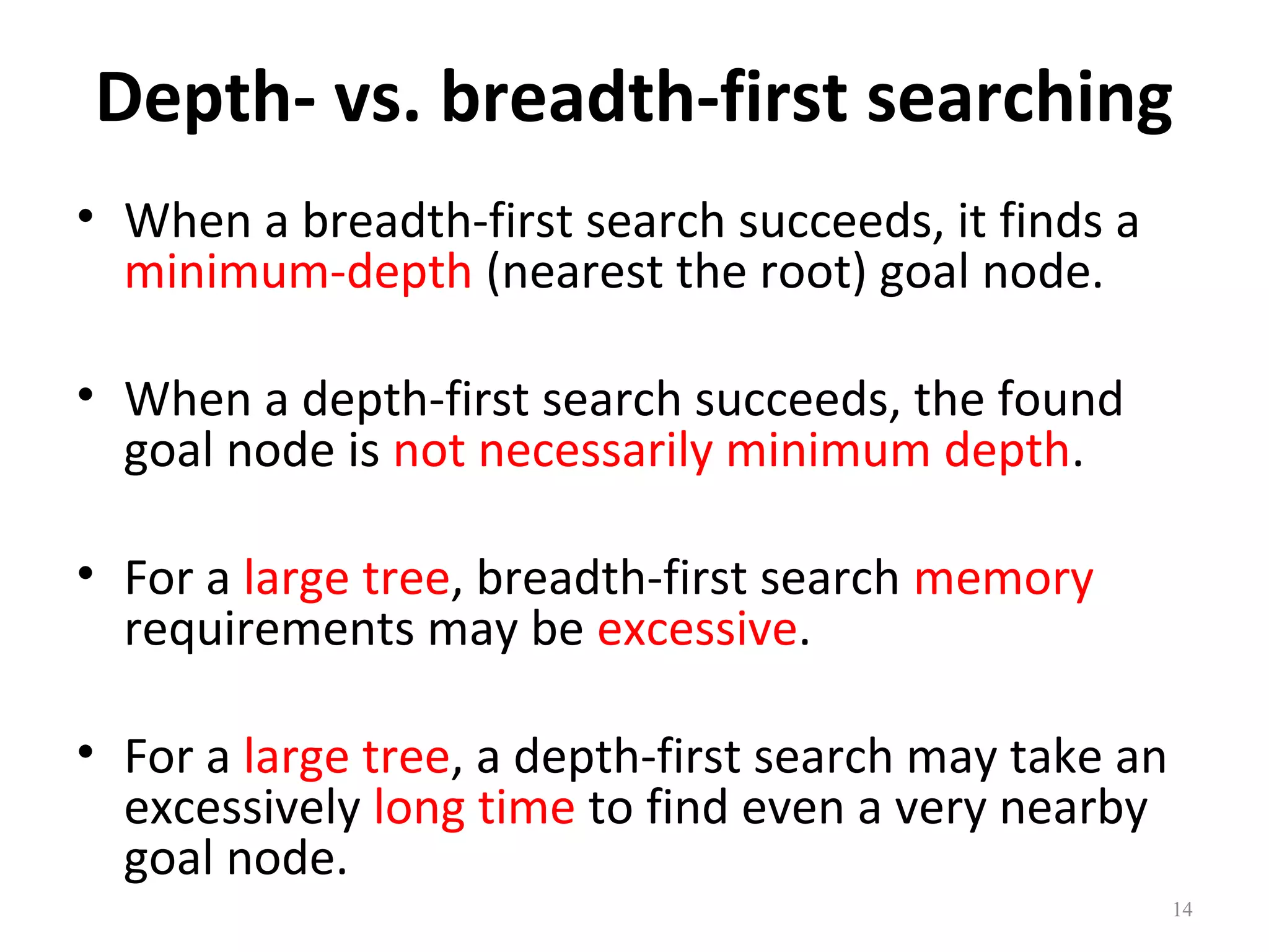 Depth- vs. breadth-first searching
• When a breadth-first search succeeds, it finds a
minimum-depth (nearest the root) goal node.
• When a depth-first search succeeds, the found
goal node is not necessarily minimum depth.
• For a large tree, breadth-first search memory
requirements may be excessive.
• For a large tree, a depth-first search may take an
excessively long time to find even a very nearby
goal node.
14

 