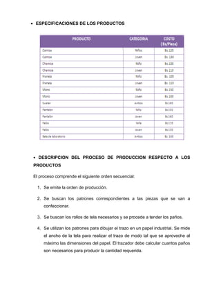 • ESPECIFICACIONES DE LOS PRODUCTOS
• DESCRIPCION DEL PROCESO DE PRODUCCION RESPECTO A LOS
PRODUCTOS
El proceso comprende el siguiente orden secuencial:
1. Se emite la orden de producción.
2. Se buscan los patrones correspondientes a las piezas que se van a
confeccionar.
3. Se buscan los rollos de tela necesarios y se procede a tender los paños.
4. Se utilizan los patrones para dibujar el trazo en un papel industrial. Se mide
el ancho de la tela para realizar el trazo de modo tal que se aproveche al
máximo las dimensiones del papel. El trazador debe calcular cuantos paños
son necesarios para producir la cantidad requerida.
 