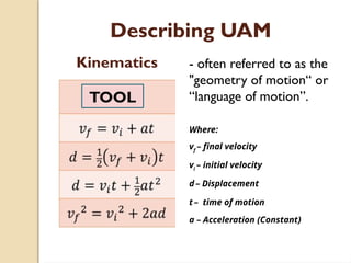 Describing UAM
Where:
vf
– final velocity
vi
– initial velocity
d – Displacement
t – time of motion
a – Acceleration (Constant)
TOOL
Kinematics - often referred to as the
"geometry of motion“ or
“language of motion”.
 