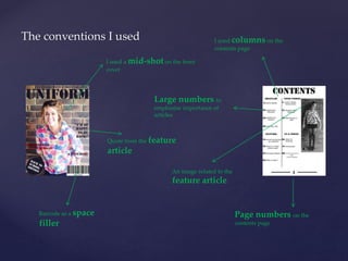 The conventions I used 
I used a mid-shot on the front 
cover 
Barcode as a space 
filler 
Large numbers to 
emphasise importance of 
articles 
Quote from the feature 
article 
I used columns on the 
contents page 
Page numbers on the 
contents page 
An image related to the 
feature article 
