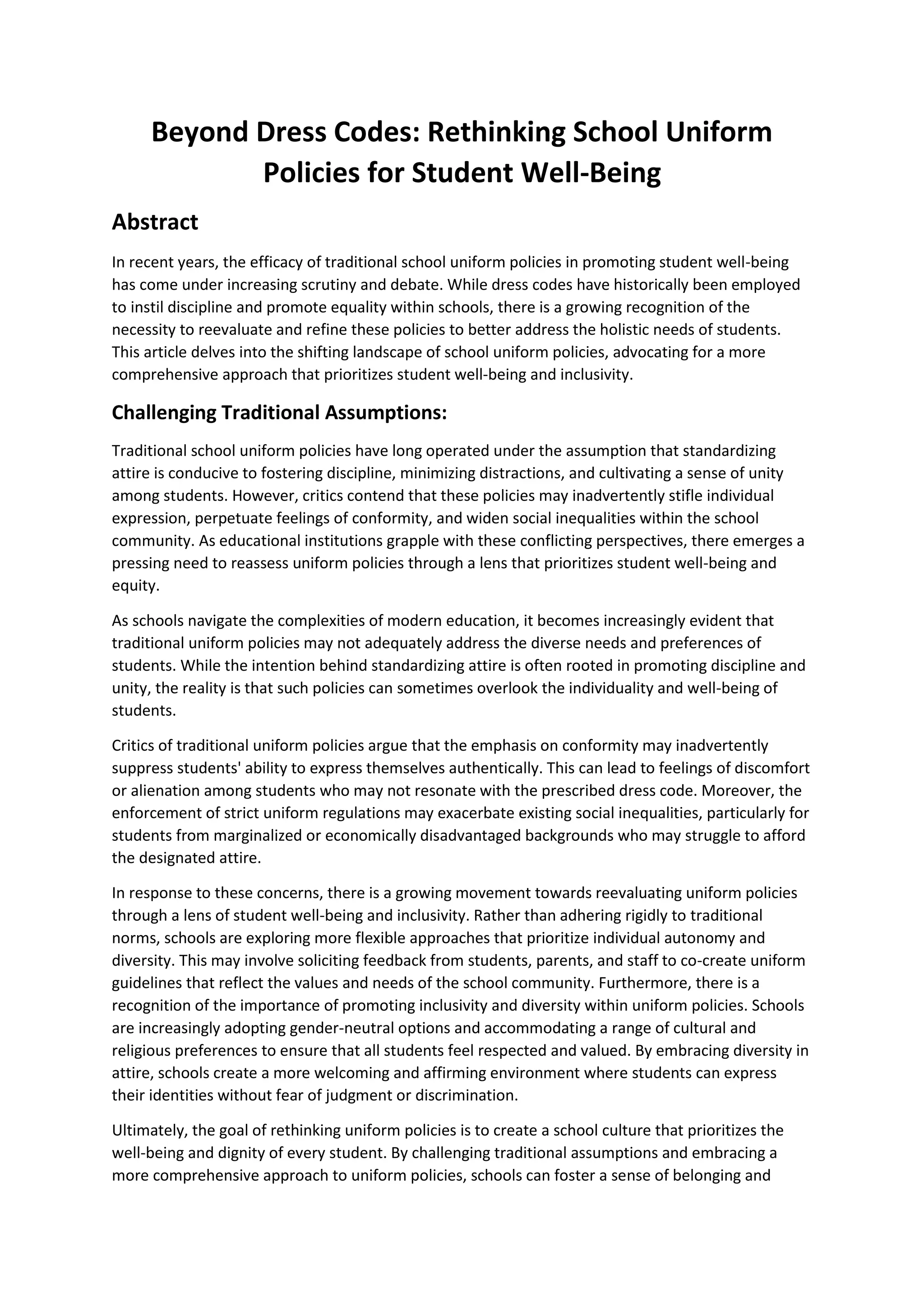 Beyond Dress Codes: Rethinking School Uniform Policies for Student Well ...