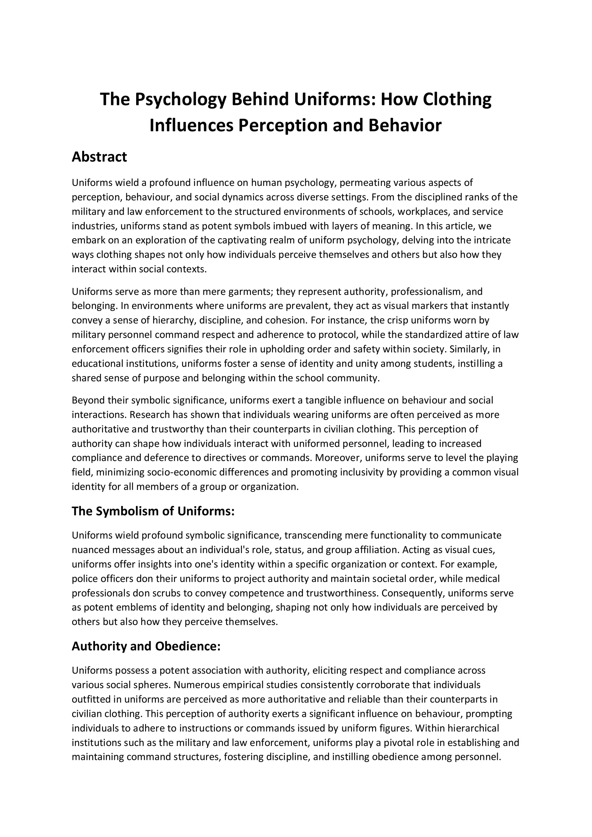 The Psychology Behind Uniforms How Clothing Influences Perception and Behavior PDF