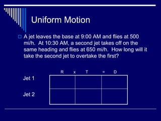 Uniform Motion
 A jet leaves the base at 9:00 AM and flies at 500
  mi/h. At 10:30 AM, a second jet takes off on the
  same heading and flies at 650 mi/h. How long will it
  take the second jet to overtake the first?

                  R    x    T      =    D
  Jet 1


  Jet 2
 