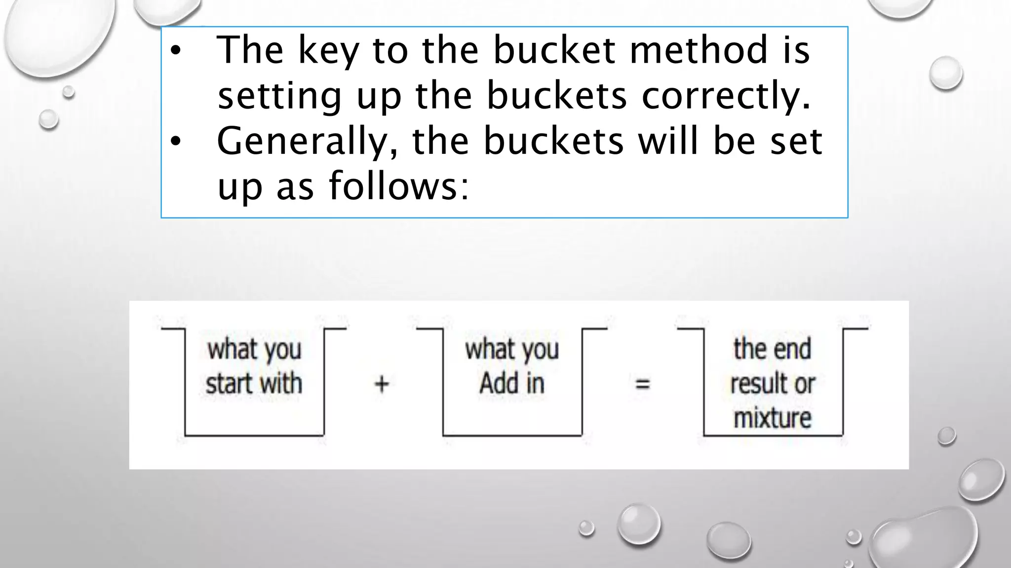 • The key to the bucket method is
setting up the buckets correctly.
• Generally, the buckets will be set
up as follows:
 