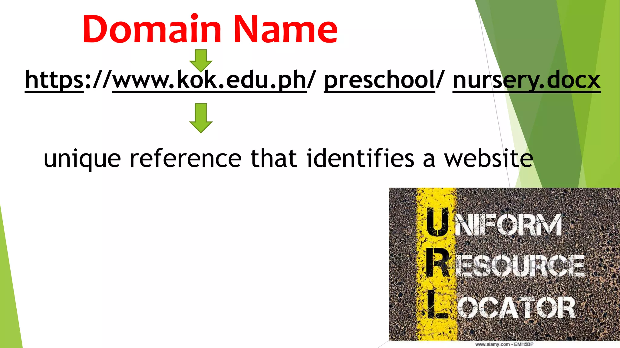 https://www.kok.edu.ph/ preschool/ nursery.docx
Domain Name
unique reference that identifies a website
 