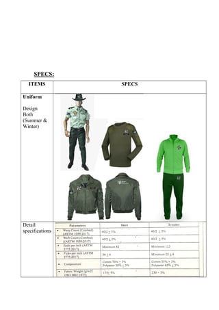 SPECS:
ITEMS SPECS
Uniform
Design
Both
(Summer &
Winter)
Detail
specifications
 