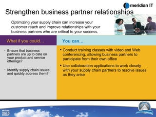 Optimizing your supply chain can increase your customer reach and improve relationships with your business partners who are critical to your success. Strengthen business partner relationships Ensure that business partners are up to date on your product and service offerings? Identify supply chain issues  and quickly address them? What if you could… You can… Conduct training classes with video and Web conferencing, allowing business partners to participate from their own office Use collaboration applications to work closely with your supply chain partners to resolve issues as they arise 