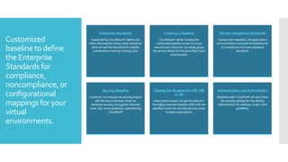 Customized
baseline to define
the Enterprise
Standards for
compliance,
noncompliance, or
configurational
mappings for your
virtual
environments.
 