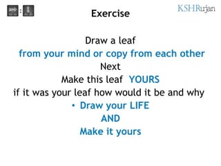 Exercise
Draw a leaf
from your mind or copy from each other
Next
Make this leaf YOURS
if it was your leaf how would it be ...